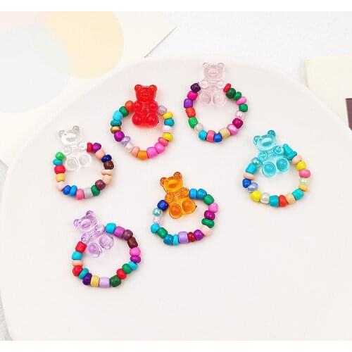 Korea Cute Transparent Candy Resin Color Bear Ring Cartoon Handmade Rice Bead Elastic Beaded Ring Female