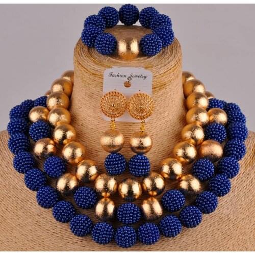 Royal blue costume necklace african jewelry set simulated pearl nigerian traditional wedding set FZZ79