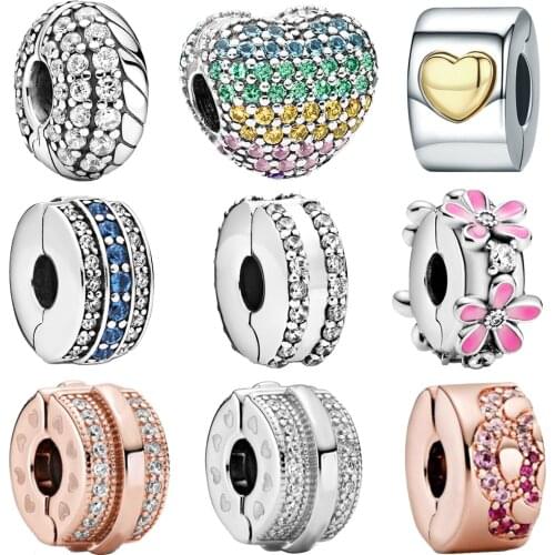 Hot Sale 925 Sterling Silver Sparkling Heart Clip Charm Beads Fit Original Pandora Snake Charm Bracelet Jewelry Gift