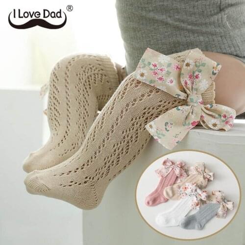 Cute Bows Baby Socks Summer Mesh Breathable Kids Girl Knee High Socks Flower Printed Hollow Children Toddler Long Socks