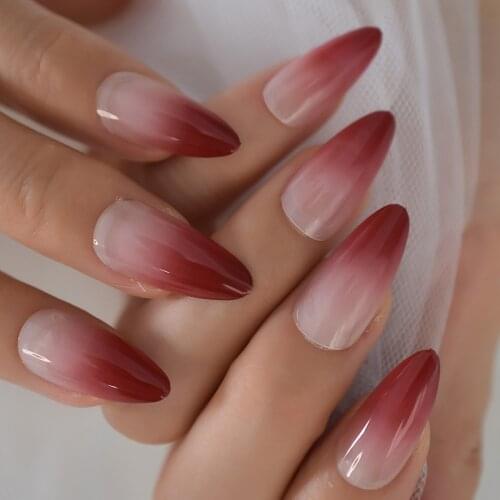 Almond Medium Press On Nails UV Gel Full Cover Stiletto Ombre Fake Nails Long Red Nude Artificial Acrylic Nail Kit