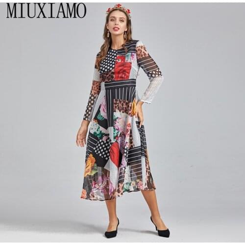MIUXIMAO 2021 Spring Summer Bohemian New WomenS Party Holiday Striped Polka Dot Flower Printed Long Sleeve Midi Chiffon Dress