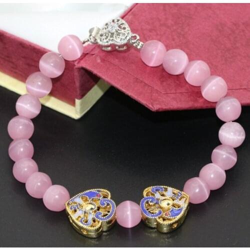 Fashion classical design heart cloisonne 8mm pink cat eyes round beads strand bracelets for girls clasp jewelry 7.5inch B2735