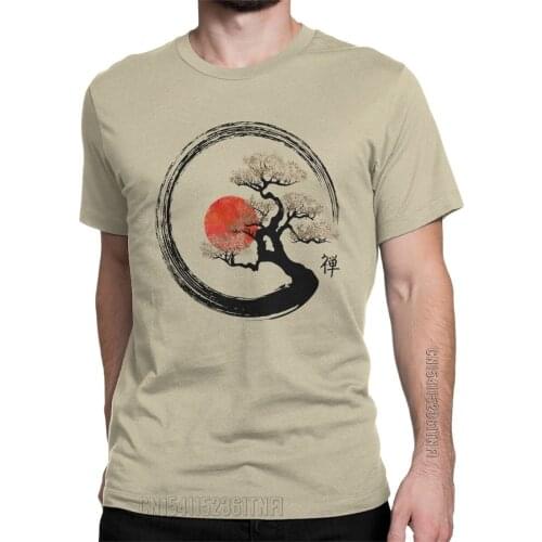 Enso Circle And Bonsai Tree On Canvas T-Shirts For Men Vintage Pure Cotton Tees Crewneck Classic Short Sleeve T Shirt Tops
