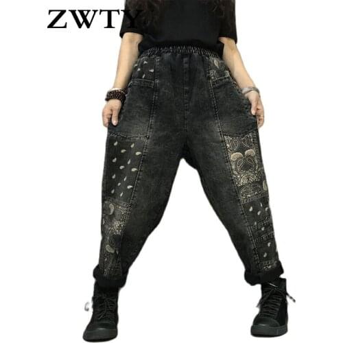 ZWTY New Arrival Spring Autumn Arts Style Women Elastic Waist Loose Casual Cotton Denim Harem Pants Vintage Print Jeans Plus Siz