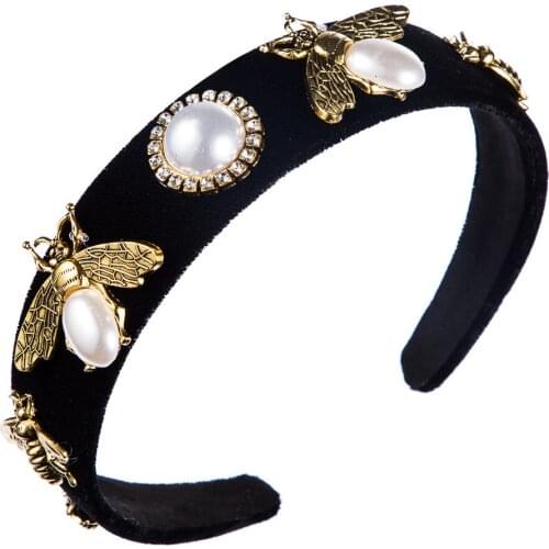 Baroque Alloy Bee Velvet Headbands For Women Pearl Head Hoop Band Retro Hairband Party Hair Accessories Fashion Headpieces Gifts