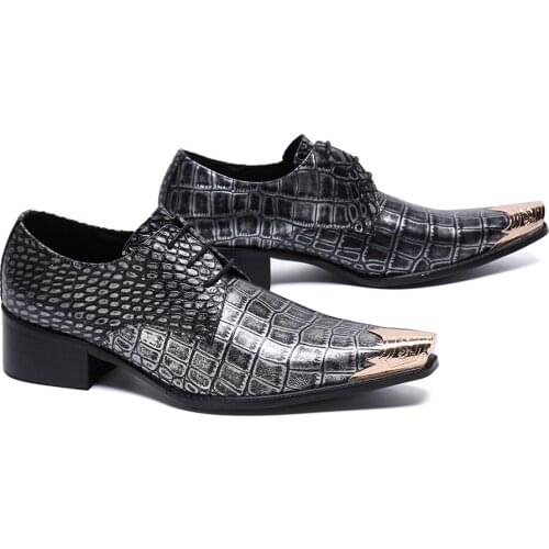 Checkerboard Grain Genuine Leather Shoes Stylish Pointed Toe Mens Dress Shoes Lace Up Chunky Heel Party Wedding Shoes Size 47