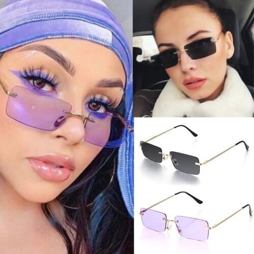 Retro Small Rectangle Rimless Women Sunglasses Colorful Gradient Lenses Vintage UV400 Summer Fashion Decorative Cycling Glasses