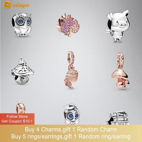 Volayer 925 Sterling Silver Beads Sparkling Pave Leaf Pig Mushroom Dangle Leaves Wise Charms Fit Original Pandora Bracelets