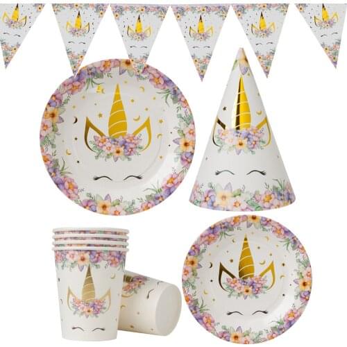Disposable Tableware Plates Cups Hats Banner Cupcake Stand For Birthday Party Decorations Kids Girl Unicorn Balloon Garland Arch