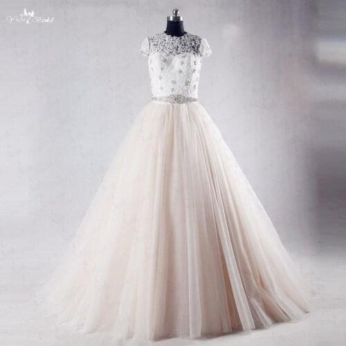 RSW1033 Puffy Tulle Skirt Cap Sleeves O Neckline Mocha Colored Backless Wedding Dress