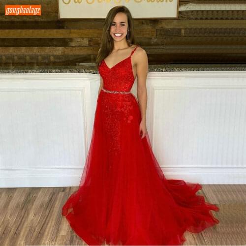 Sexy Red Evening Dress Long 2020 Spaghetti Strap Lace Appliqued Tulle A Line Evening Gowns Customized Women Party Formal Dresses