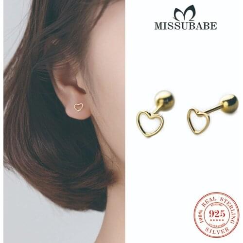 Real 925 Sterling Silver Jewelry Simplist Cute Small Screw Ball Hollow Love Heart Stud Earrings Gift for Women Girls Fashion