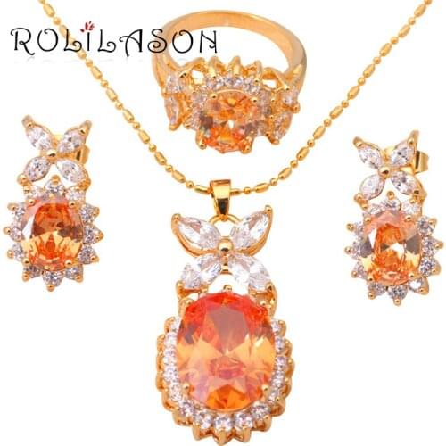 Gold Tone Earring Necklace Fashion Jewelry Sets for Women Ring Champagne Crystal Sz #6 #7 #8 #9 JS242