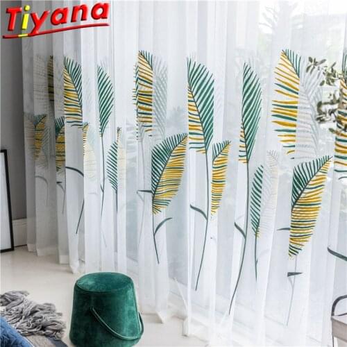Yellow Green Leaves Embroidery Tulle Curtains for Living Room Broadleaf Window Drapes White Sheer Tulle for Kitchen Balcony *VT