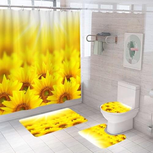 Sunflower Shower Curtain Yellow Flower Bathroom Set Fashion Pattern Bath Curtains Non Slip Toilet Cover Floor And Mat Rug Sets