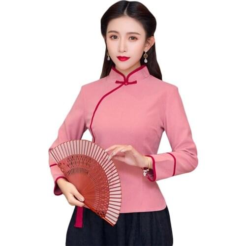 Sheng Coco Ladies Pink Blouses Cheongsam Hanfu Chinese Style Long Sleeve Solid Color Qipao Shirt Pearl Pankou Traditional Tops