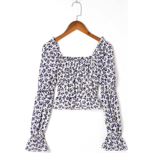Summer Womens Casual Flower Print Square Neck Long Sleeve Shirt