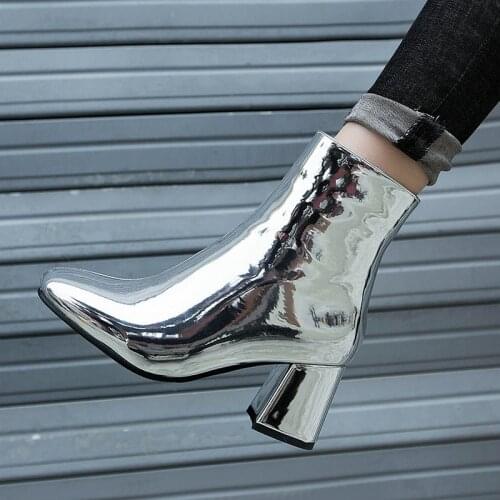 Glod Silver Black Fashion Ankle Boots Women Patent Leather High Heel Shoes Square Toe Zipper Autumn Winter Short Boots 2019 New