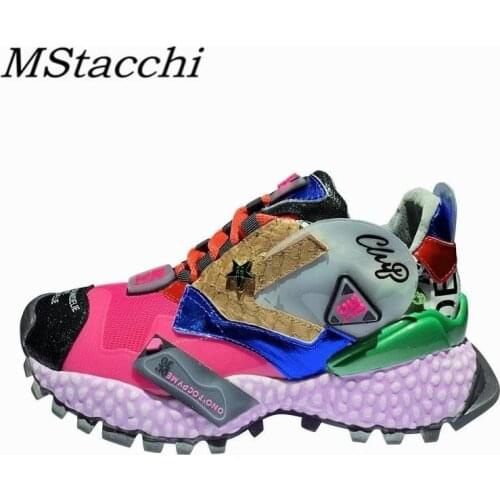 MStacchi Fashion Women Flat Shoes Mixed Colors Genuine Leather Lace-Up Casual Shoes New Street Printing Platform Sneakers Femme