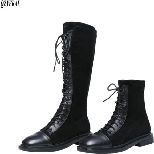 QZYERAI The knee boots Genuine leather black Female boots Womens boots cowhide Womens shoes Size 35-39