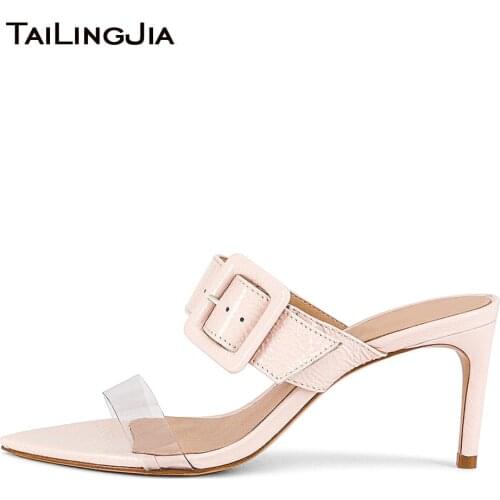 Open Pointed Toe Pink Barely There Sandals Women 2021 High Heel Mules Ladies Heeled Summer Shoes Large Size Clear Heels Footwear