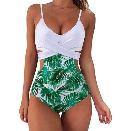 Women Sexy Leaf Printed Criss cross Wrap Strappy One Piece Swimsuit High Waisted Monokini Cutout Bathing Suit Swimwar