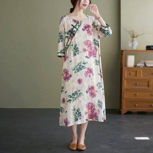 Chinese Style Dress cheongsam Robes 2021 New Arrival Thin Soft Cotton Linen Loose Summer Dress Women Travel Casual Midi Dress