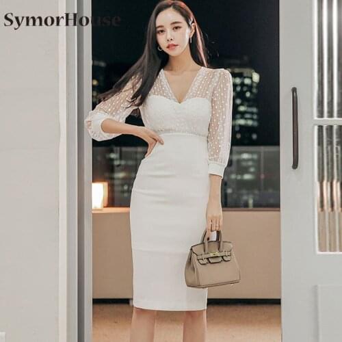 2021 New Elegant White Party Dress Sexy V-neck Lace Hollow out Lantern Sleeve Slim Pencil Dress Night Club Summer Autumn