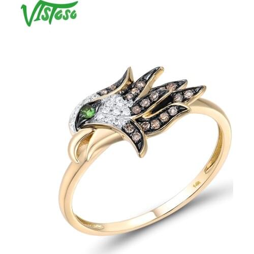 VISTOSO Gold Rings For Women Genuine 14K 585 Yellow Gold Green Garnet Diamond Brown Eagle Ring Animal Trendy Unique Fine Jewelry