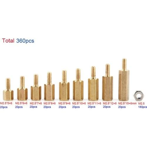 360Pcs M2.5 Motherboard PCB Standoff Waterproof Brass Male-Female Standoff Spacer Column Stainless Steel Hex Nuts Assortment Kit