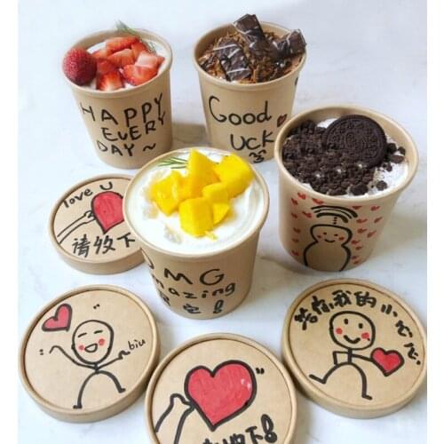 50pcs Net red ice cream cup 350ml 460ml kraft paper cake dessert cups water and oil proof food salad fruit lunch boxes with lids