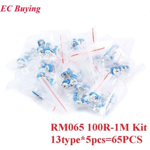 13Type*5pcs=65PCS Trimming Potentiometer RM065 Adjustment 100R-1M Horizontal Trimpot Variable Resistors Assorted Kit