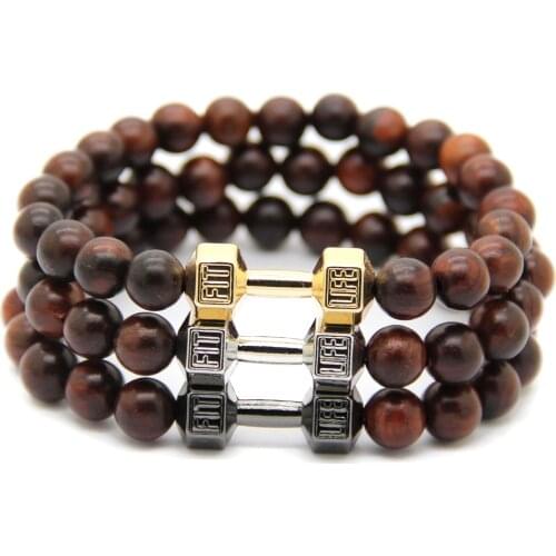 Ailatu 2016 New Design Brown Color Wood Mix Color Fitness Fashion Metal Dumbbell Bracelets, Mens Powerful GYM Barbell Gift
