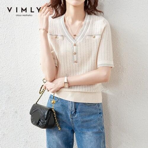 Vimly Elegant Knit Sweater V-neck Blouse Womens Ice Silk Shirt 2021 Summer Fashion Tops Short Sleeve Female Shirts F7658