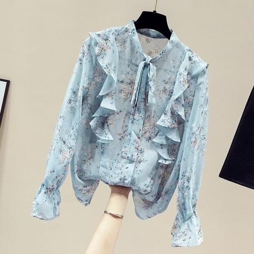 Blouse Women Long Sleeve Ruffles Blue Print Chiffon Blouse Shirt Tops Women Blusa Blusas Mujer De Moda 2021 Women Clothing D936