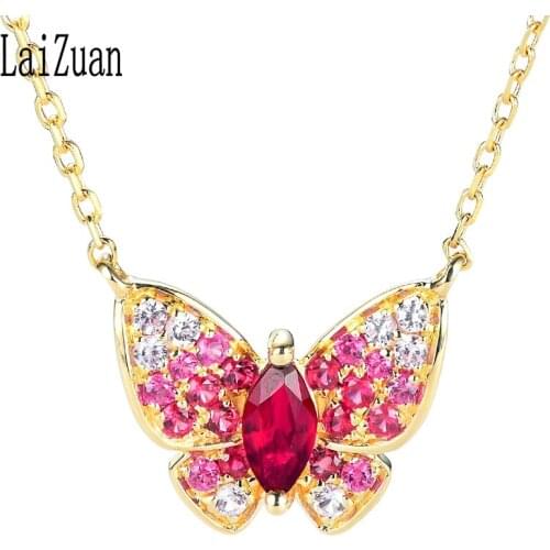 LaiZuan Solid 18K Yellow Gold AU750 Certified 0.56ct Genuine Natural Ruby & Pink Sapphire Engagement Wedding Necklaces Pendant