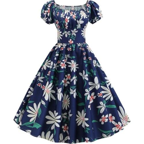 Vintage Women Floral Print Short Sleeve Waist Tight Large Swing Lolita Midi Dress