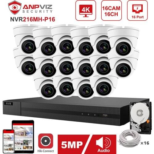 Hikvision OEM 16CH 4K NVR Kit Anpviz 5MP POE IP Camera System 16pcs IP Camera Indoor/Outdoor IP Security System IP66 Plug & Play