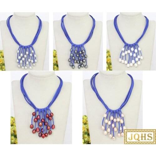 JQHS 16" 5row 13mm rice Baroque pink white black purple wine red pearl beads Blue leather necklace j11238-3