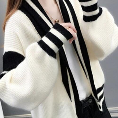 Striped Color Matching Knitted Cardigan Womens 2020 New Spring Autumn Korean Fashion Loose All-Match Sweaters Coat Female A262