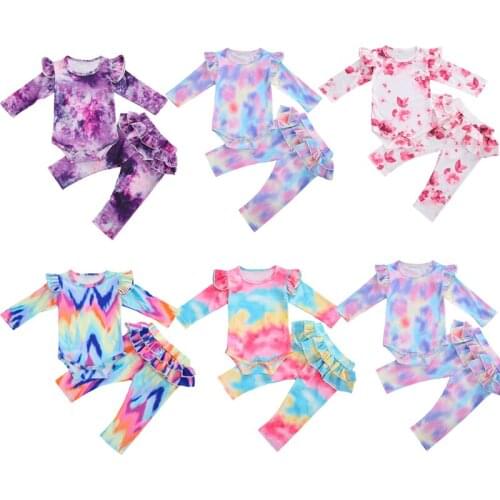FOCUSNORM Newborn Baby Boys Girls Clothes Sets Tie-Dye Printed Ruffles Long Sleeve Romper Tops Trousers Pants 5 Coors