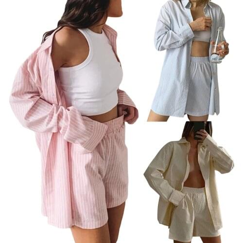 2 Pieces Suit Set, Female Striped Turn-Down Collar Long Sleeve Shirt+ Short Pants for Summer, Yellow/Pink/Light Blue