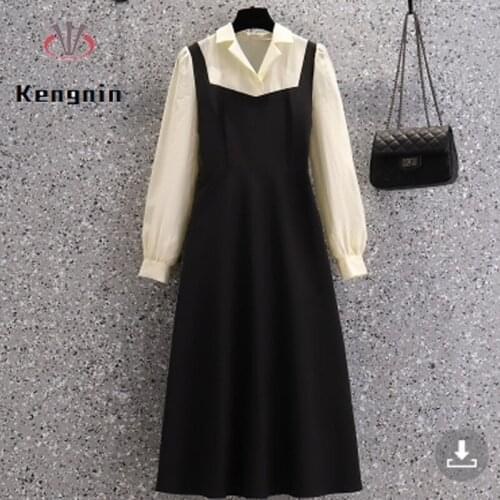 Fake Two Piece Women Tunic Dress 2021 Autumn French Style Femlae Robe Dress Patchwork Sashes Ladies Black Dress Vestidos KE1777