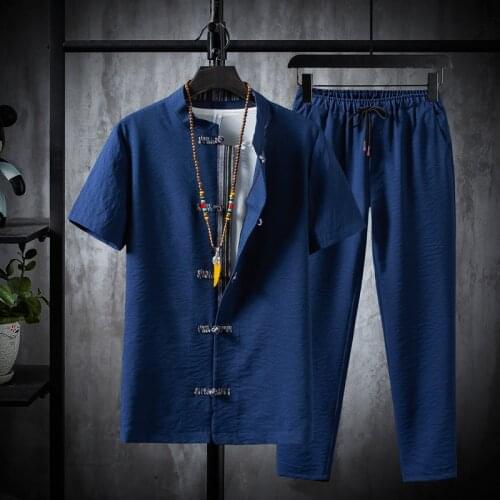 Linen Mens Tracksuit Large Size Clothing 2021 Fashion Summer Suit Linen T-Shirt Fashion Male Set Chinese Style 5XL Two Piece