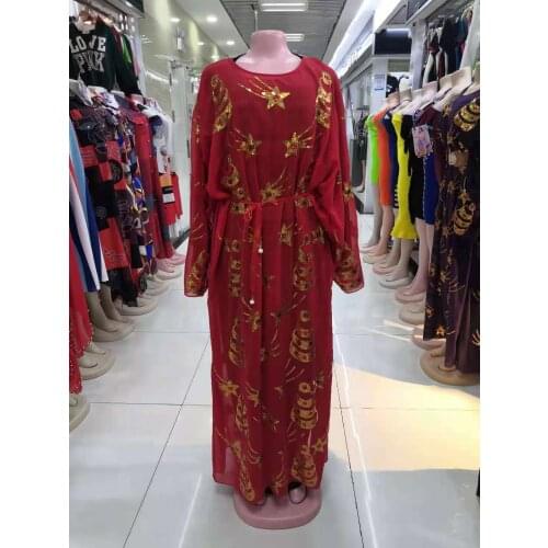 New African Womens Clothing Dashiki Abaya Fashion Chiffon Fabric Sequins Embroidery Christmas Flower Loose Dress Free Size