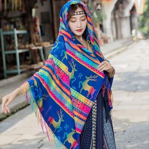 Ethnic Oversized Square Cashmere Pashmina Scarves New Women Jacquard Shawl Scarf Fashion Fringed Travel Wraps Muslim Hijab