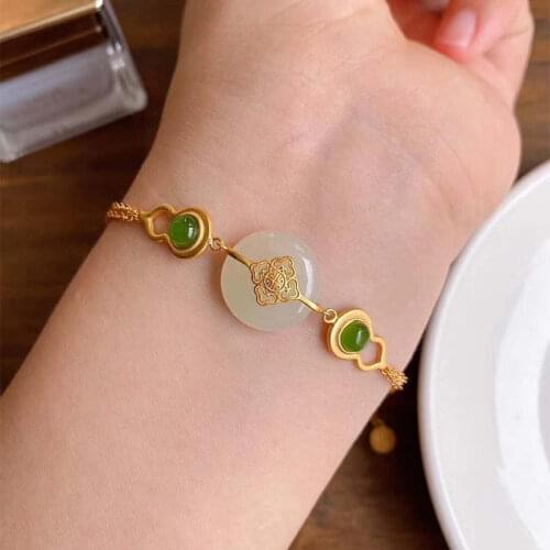 New inlaid natural Hotan Chalcedony gourd Bracelet Chinese style retro unique ancient gold craft charm womens brand jewelry