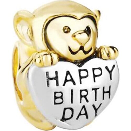 Monkey Love Happy Birthday Charm Golden Plated Beads Suitable for Pandora bracelets and beads for jewelry making