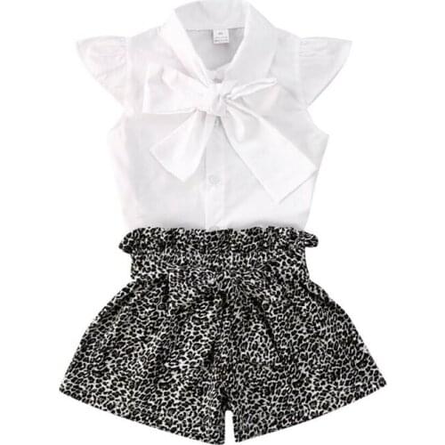 1-6Y Fashion Leopard Outfits 2PCS Kids Baby Girls Sets Bow Shorts Sleeve Top Shirt & Shorts Toddler Kids Outfit Set